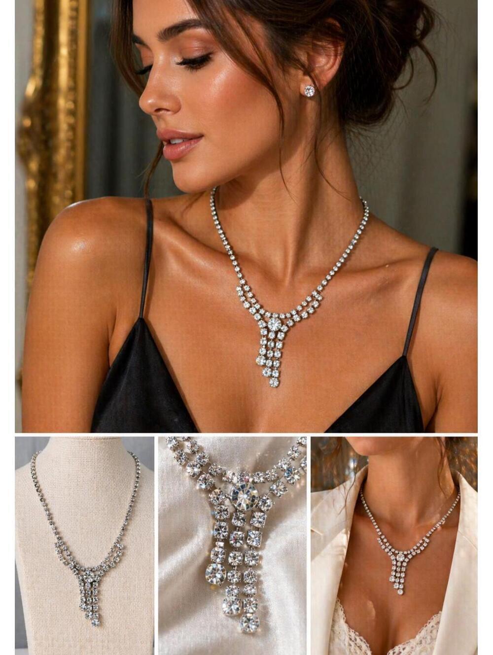 Vintage LA Roco Rhinestone Y Drop Bridal Statement Necklace Sparkle